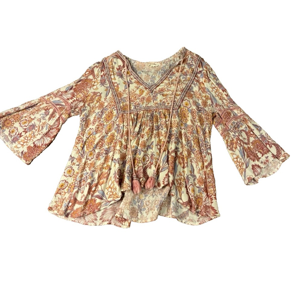 POL Women Top Boho Floral Peasant Blouse Pink Orange Bell Sleeve Tassel Medium